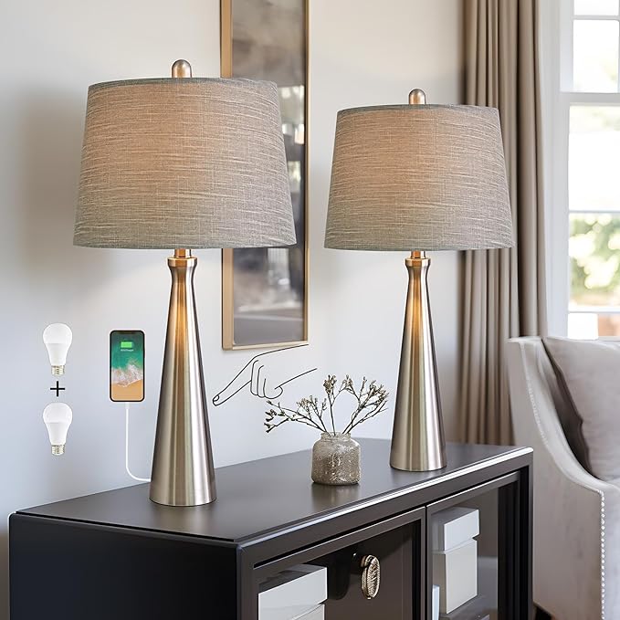 25.75” Modern Table Lamps with USB Port Set of 2 Accent Gold Nightstand Lamp