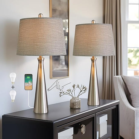 25.75” Modern Table Lamps with USB Port Set of 2 Accent Gold Nightstand Lamp