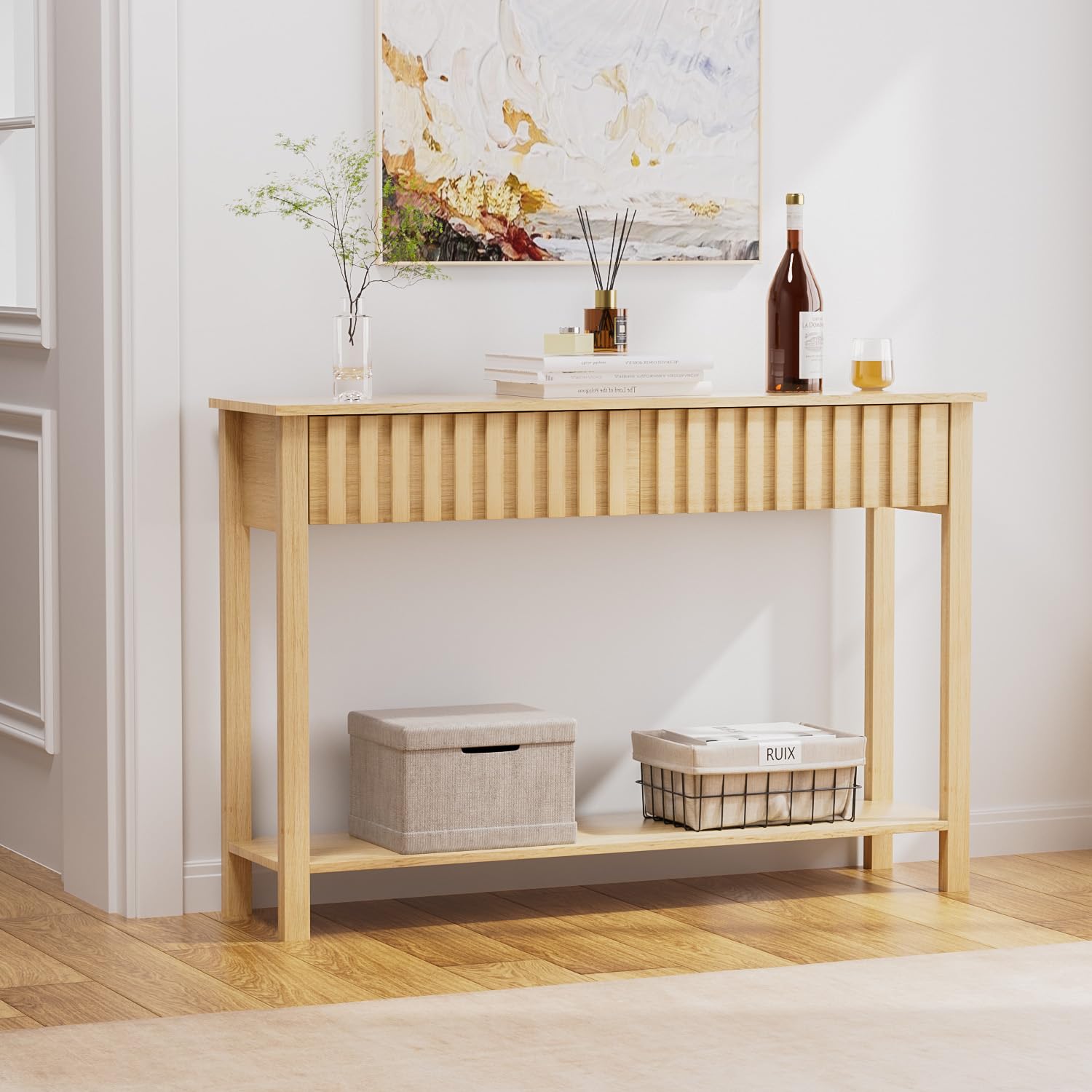 Entryway Console Table with 2 Fluted Drawers and Shelf, 47.2" Boho Entryway Table