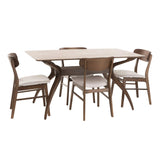 lucious Curved Leg Rectangular Dining Set, 5-Pcs Set, Natural Walnut / Light Beige