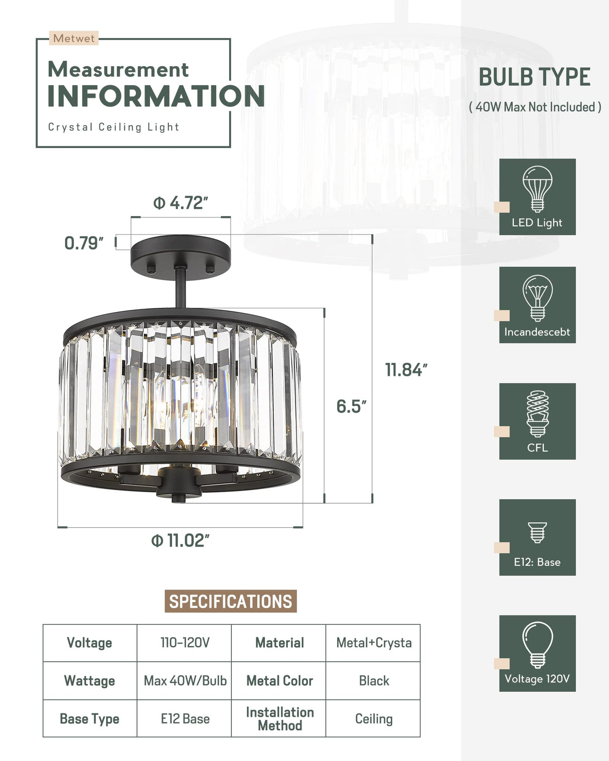 Semi Flush Mount Ceiling Light Fixture, 11" Crystal Light Fixture, 3-Light Modern Lamps