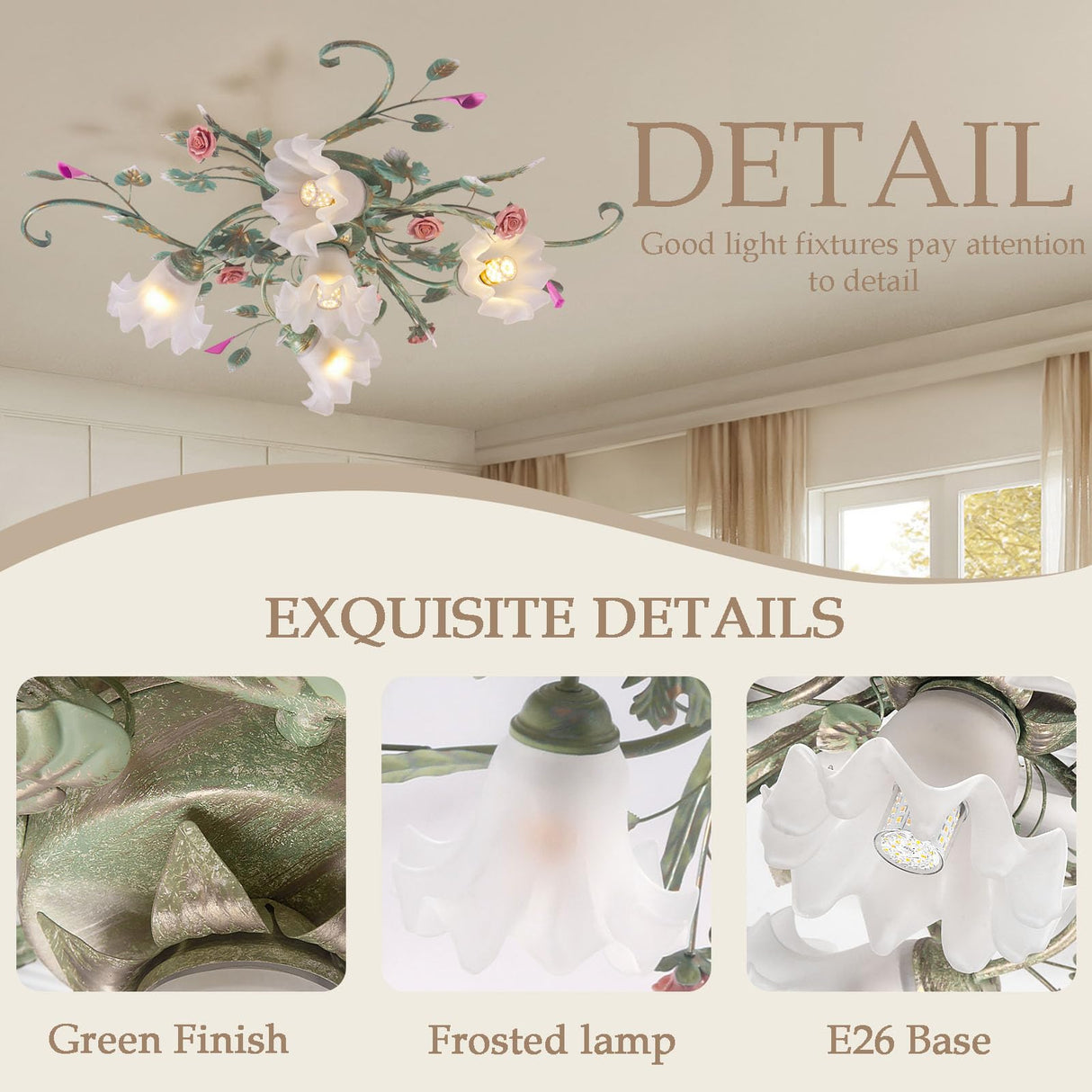 5-Light Ceramic Rose Ceiling Light with Glass Lampshade