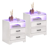 Nightstand Set of 2, LED Night Stand with 2 Drawers, Smart End Side Table with LED Lights and Glass Top, Modern Bedside Table with Open Storage for Bedroom Living Room Dorm, White