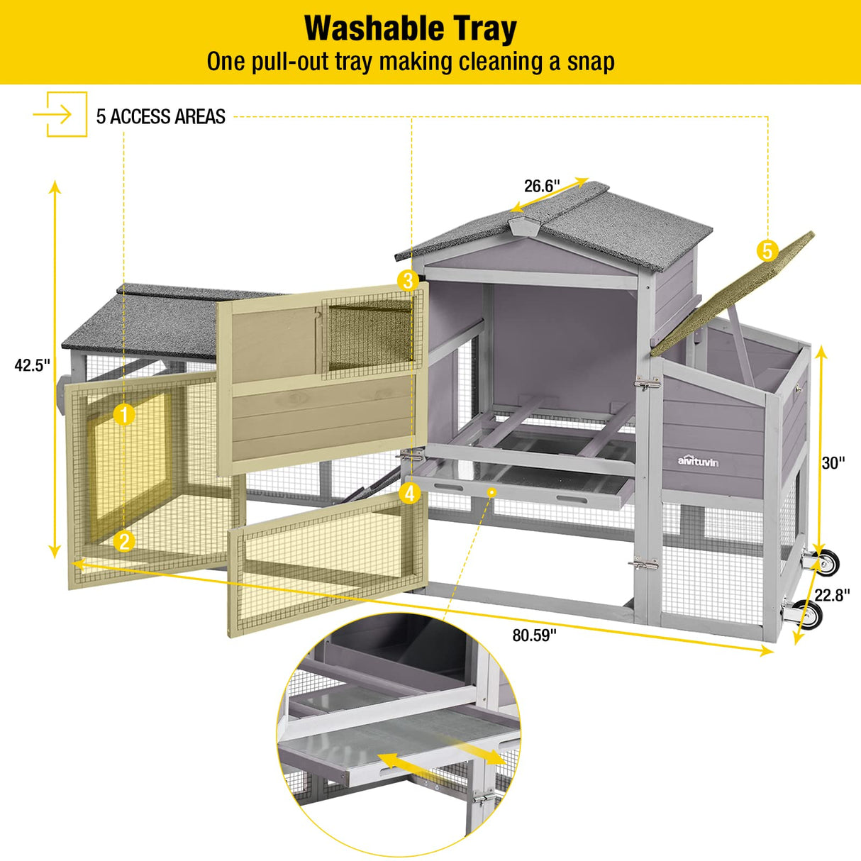 Movable Chicken Coop with Wheel and Run, Large Backyard Hen House with Nesting Box 80.6"