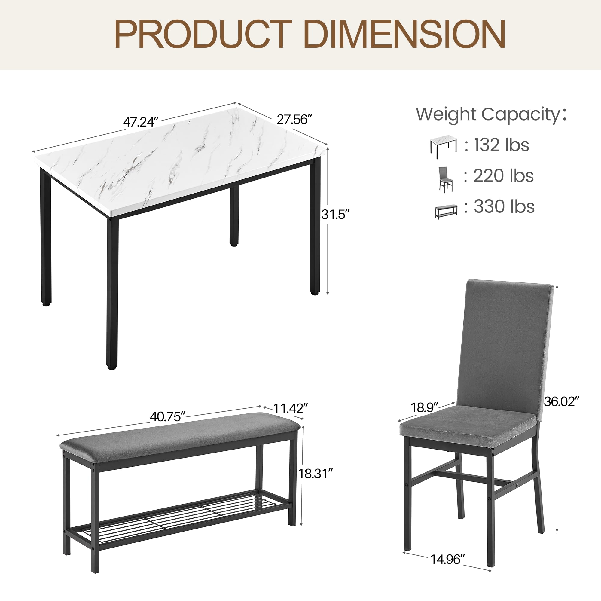 47.2" Faux Marble Dining Table Set for 4 with Velvet Chairs and Bench