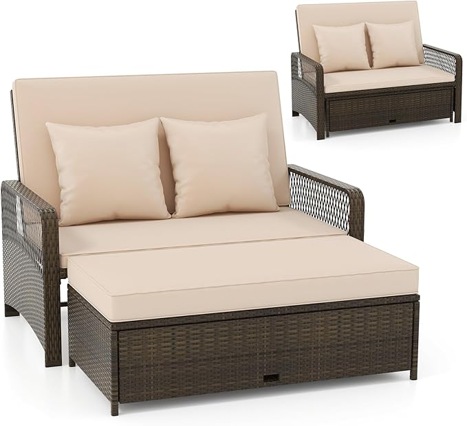 Outdoor Daybed, Wicker Loveseat Sofa Set with Storage Ottoman