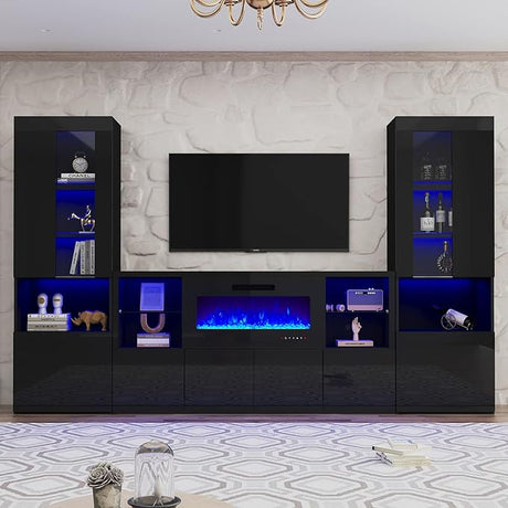 3 Piece Modern High Gloss Fireplace TV Stand + Bookcase Set for Living Room