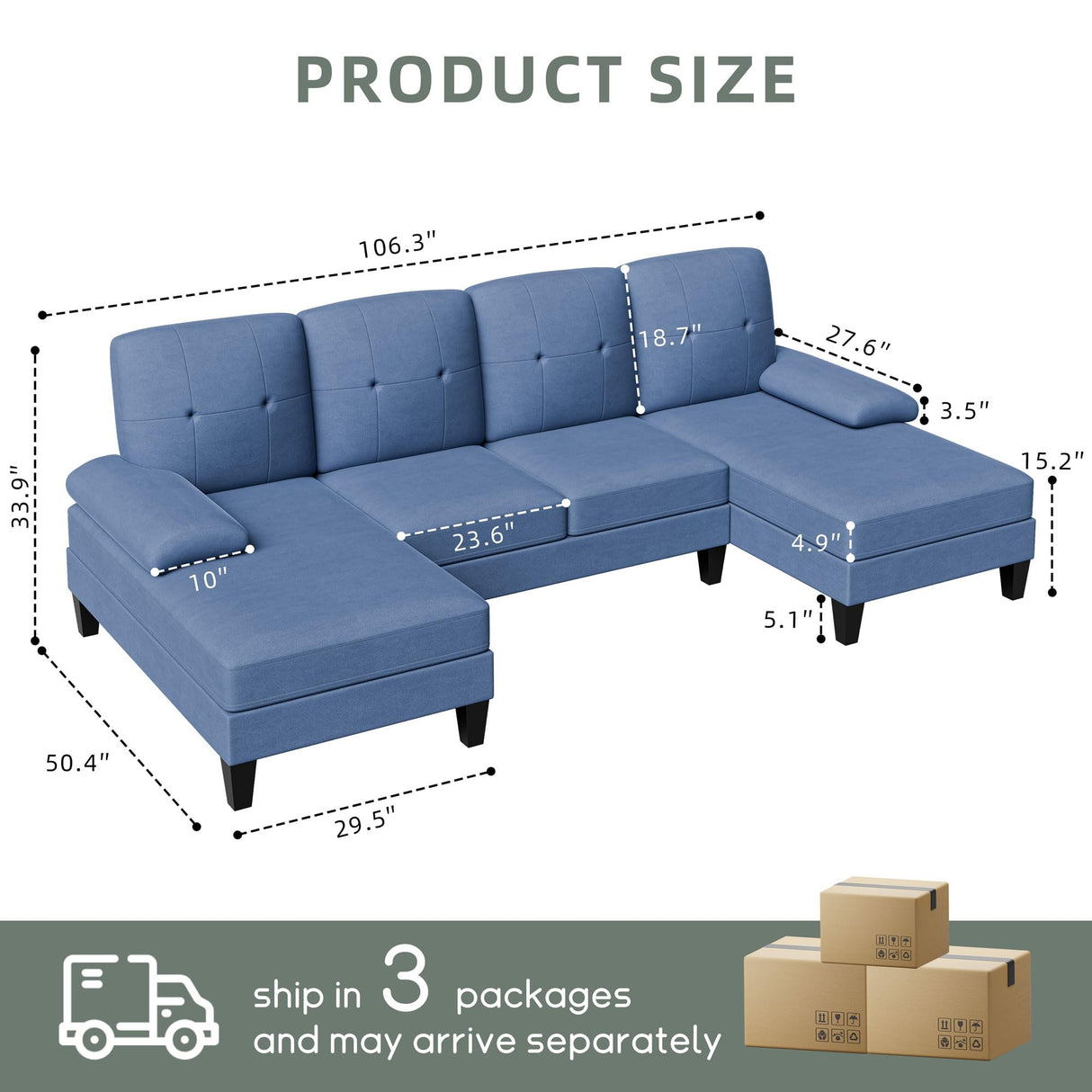 Sectional Sofa Couch, U-Shaped Sofa Couch with Double Chaise, 4-Seat Sleeper Sofa