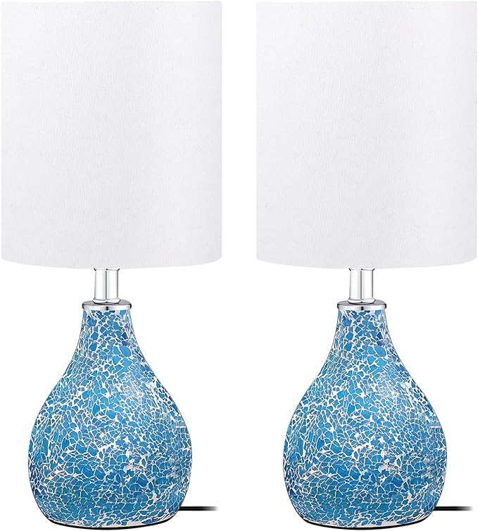 Modern Table Lamps Set of 2, Blue Gourd Design Mosaic Tiled Glass 17.5" Bedside Lamp,