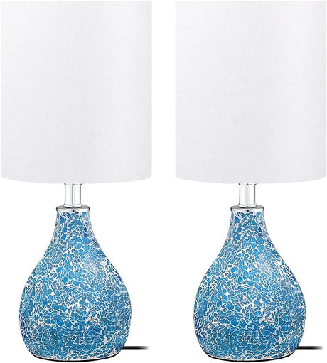 Modern Table Lamps Set of 2, Blue Gourd Design Mosaic Tiled Glass 17.5" Bedside Lamp,