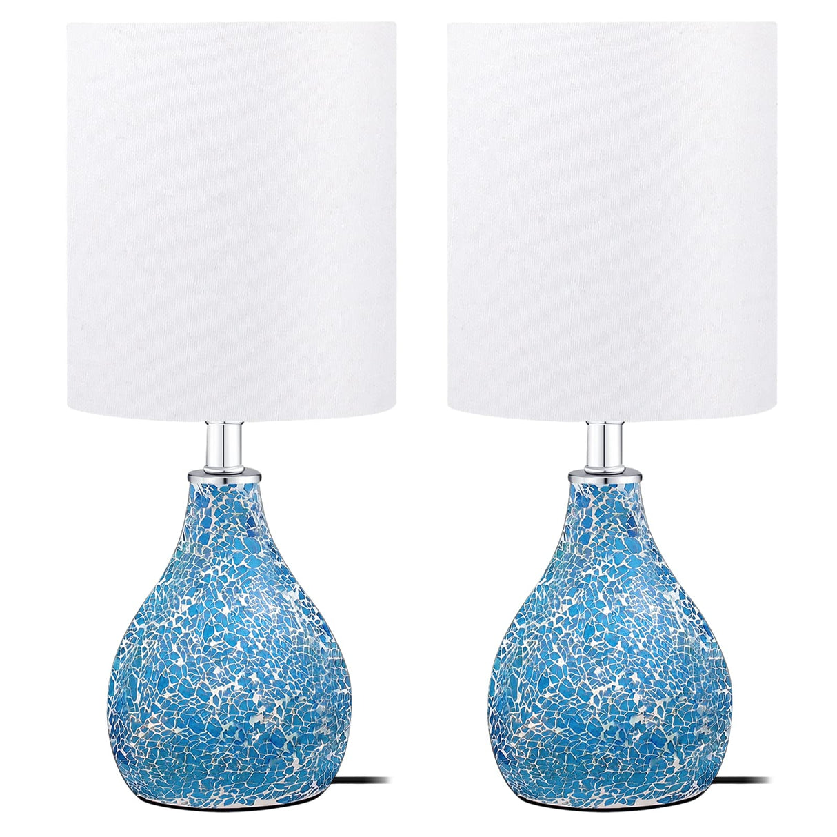 Modern Table Lamps Set of 2, Blue Gourd Design Mosaic Tiled Glass 17.5" Bedside Lamp,