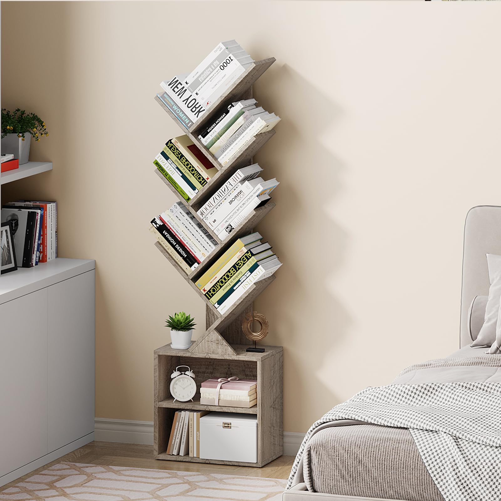Vagusicc 6 Tier Tree Bookshelf, Modern Floor Standing Bookcase with Storage Drawer, Space Saving Storage Organizer Book Shelves for Books, Tall Wood Storage Rack for Bedroom/Living Room/Home Office