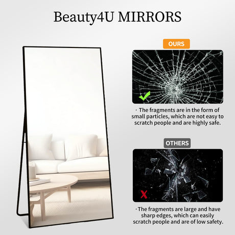 Beauty4U 65" x 24" Full Length Mirror with Stand, Black Wall Mounting Full Body Mirror, Metal Frame Full-Length Tempered Mirror for Living Room, Bedroom