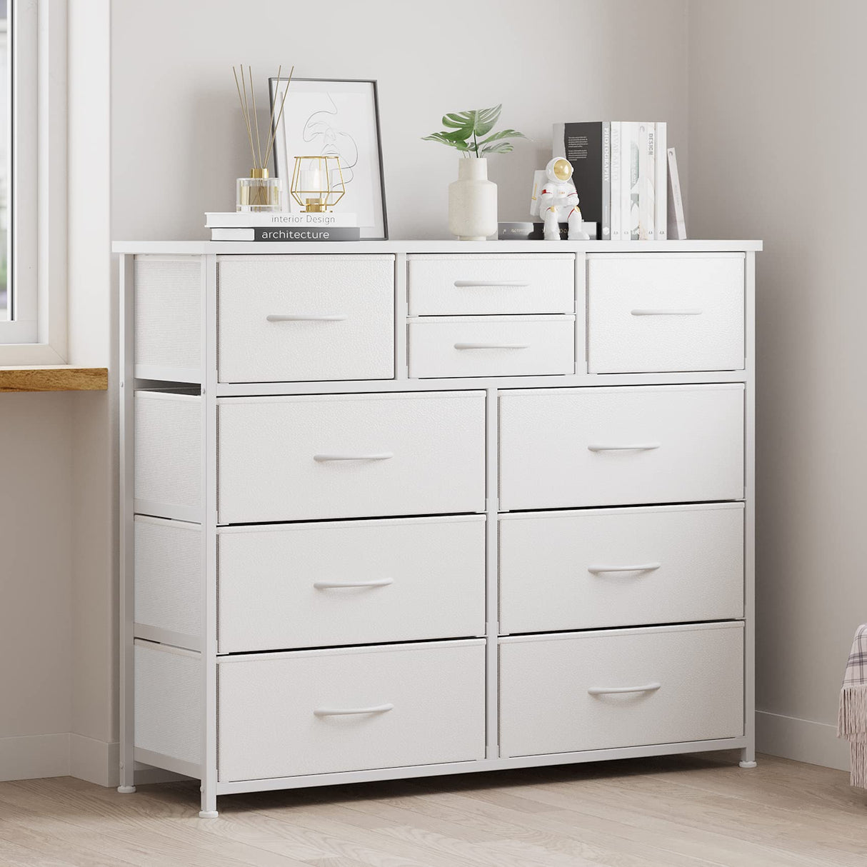 10-Drawer Dresser, Fabric Storage Dressers Drawers for Bedroom, Hallway, Nursery, Closets, Steel Frame, Wood Top, Easy Pull Handle (White)