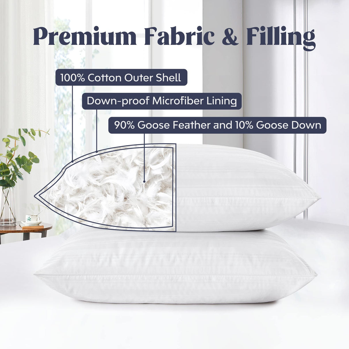 Natural Goose Feather Down Bed Pillows for Sleeping with 2 Outer Protectors, Hotel King