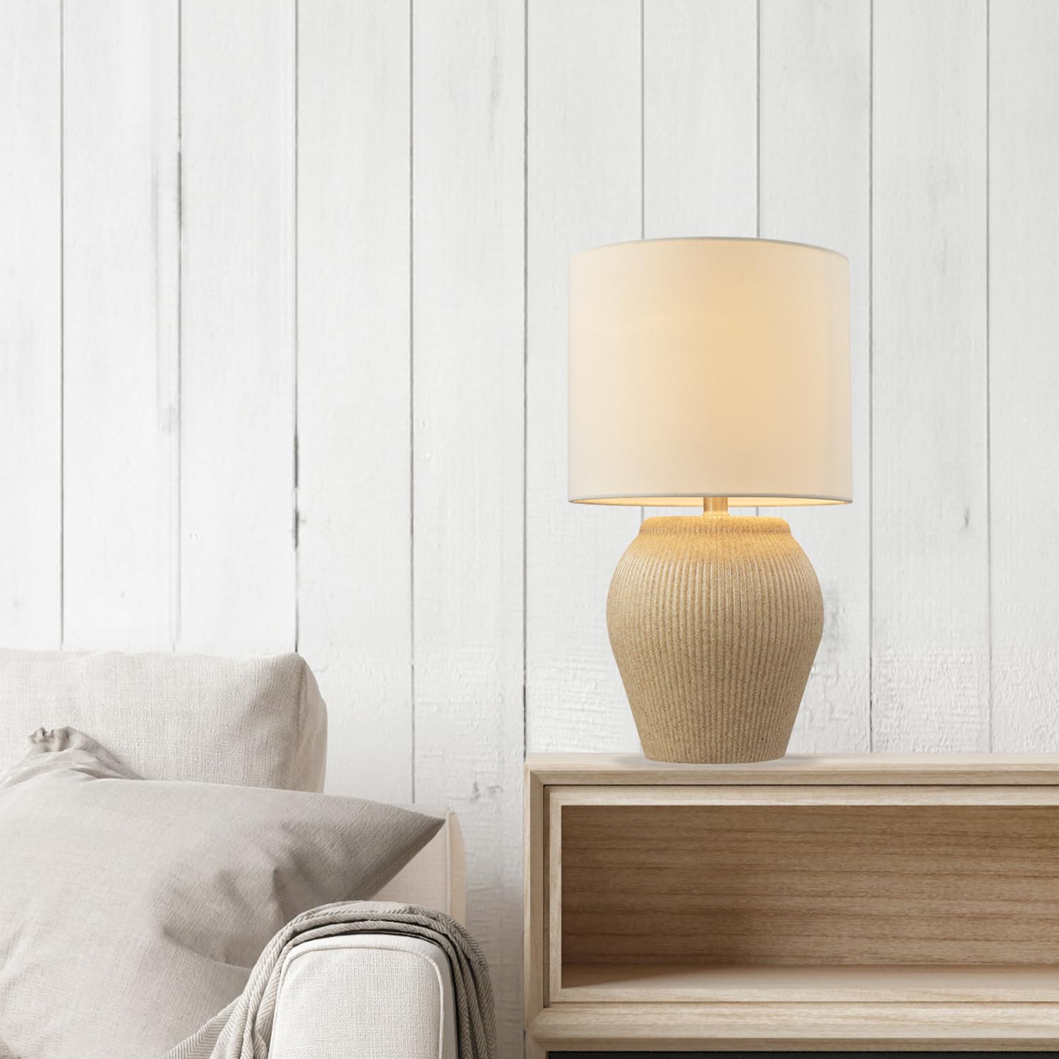 Ceramic Table Lamp, Soft Beige Finish, White Linen Shade