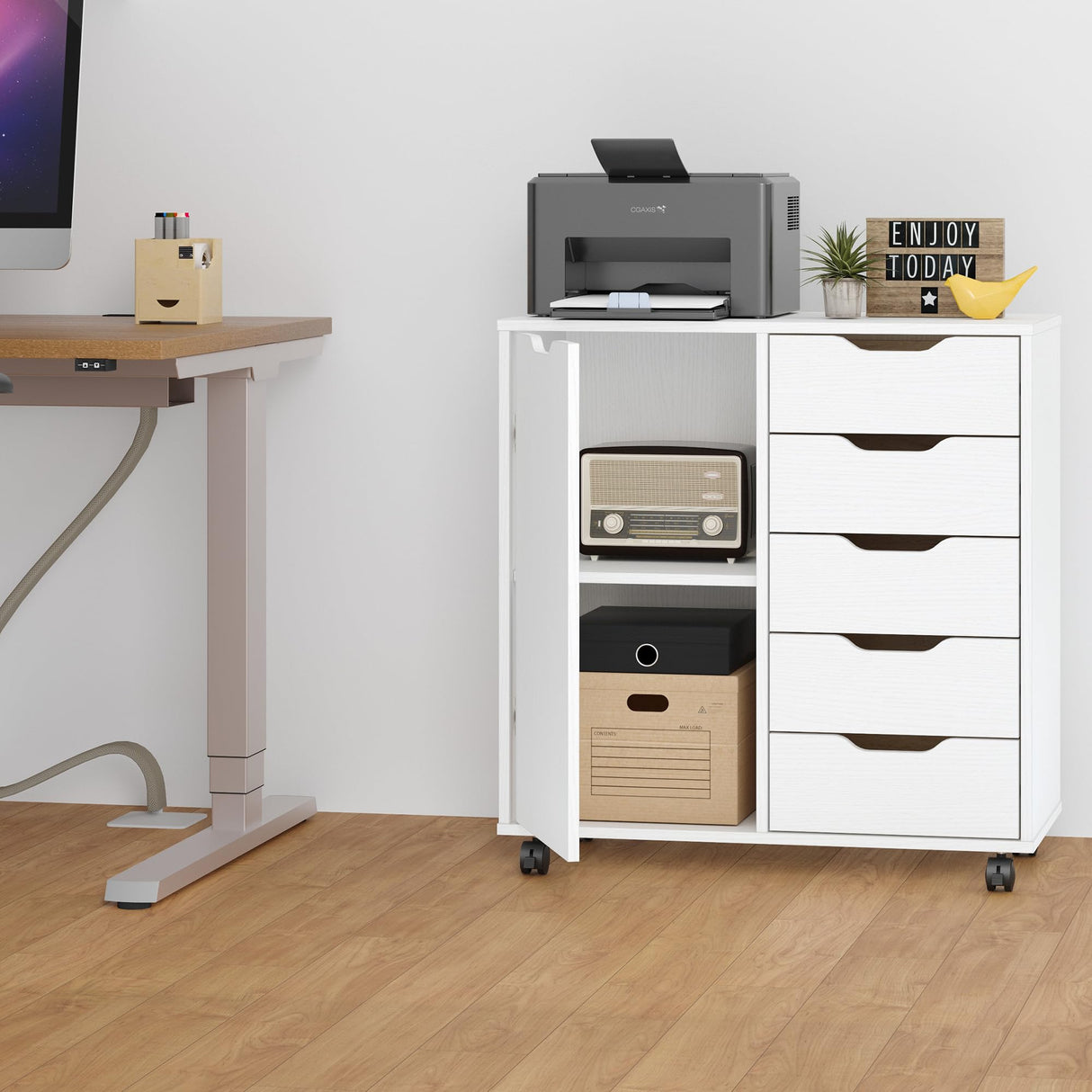 5-Drawer Chest with 1 Door, Wooden Chest of Drawers Storage Dresser Cabinet
