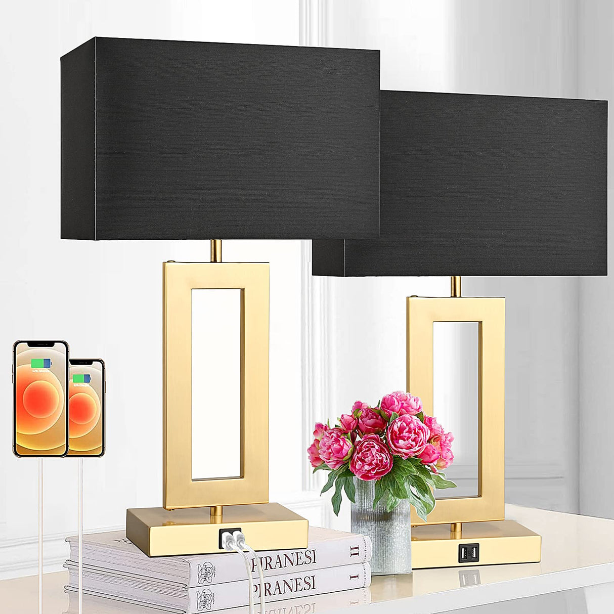 22'' Black&Gold Lamps for Bedrooms Set of 2, Touch Control Table Lamps