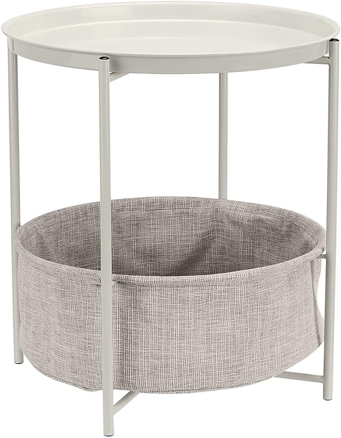 Round Storage End Table, Side Table with Cloth Basket, Dusty Pink