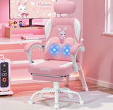 Kids Gaming Chair with Bunny Massage Lumbar Pillow - Pink Desk Chair with Adjustable Headrest & Footrest
