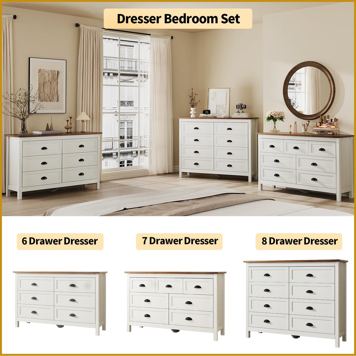 Dresser for Bedroom, Modern White Dresser with 7 Drawers, Wide Chest of Drawers