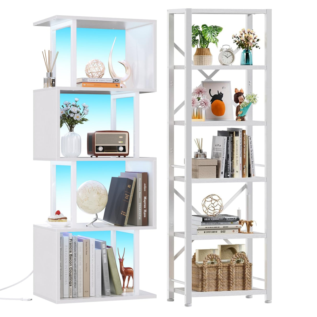 White 6 Tier Bookshelf and LED 5 Tier S-Shaped Shelf, Modern Display Storage Rack, Metal and Wooden Geometric Bookcase for Bedroom, Living Room, Office