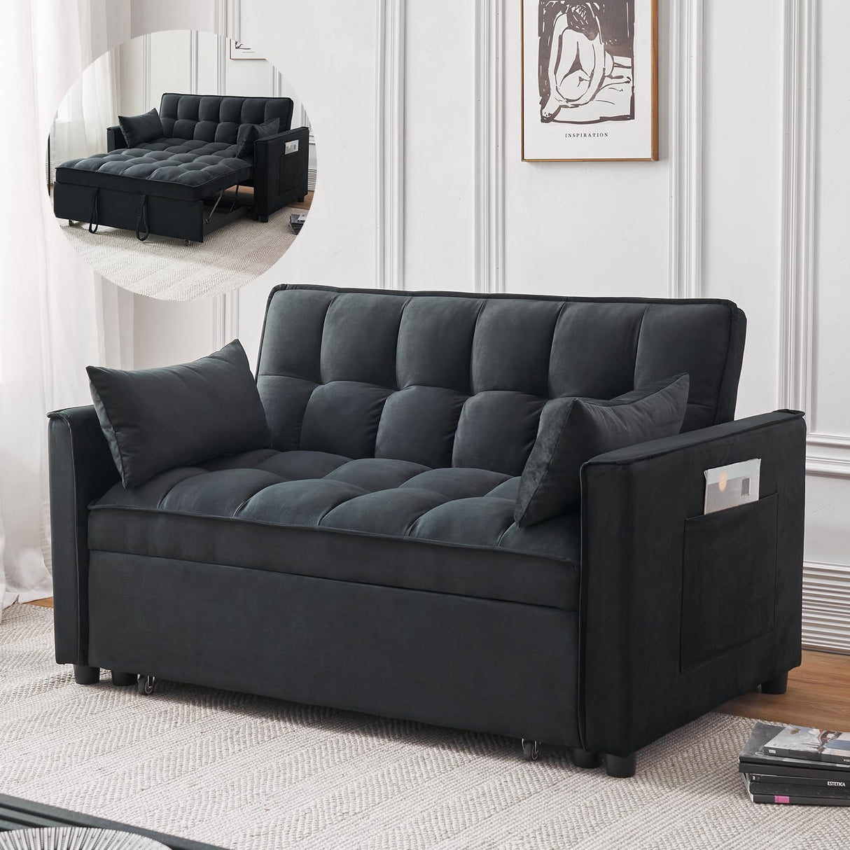 FENFSHE Futon Sofa Bed, Modern Velvet 3 in 1 Convertible Sleeper Sofa Couch Bed, Pullout Couch Bed with Adjustable Backrest, Storage Pockets and Toss Pillows for Living Room, Bedroom (Black)