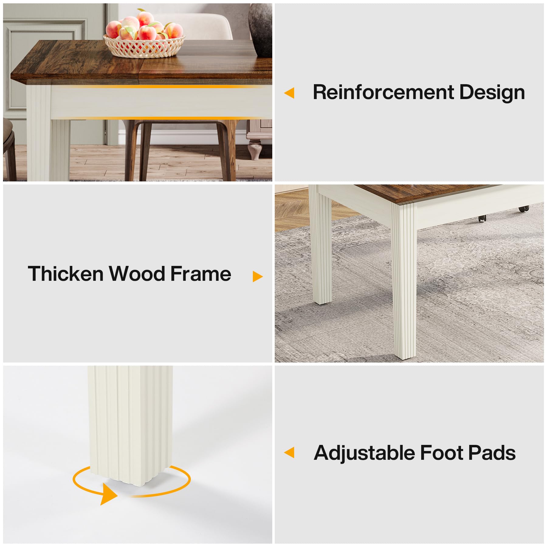 62-Inch Rectangular Dining Table with Solid Wood Legs - Rustic Brown & Cream White