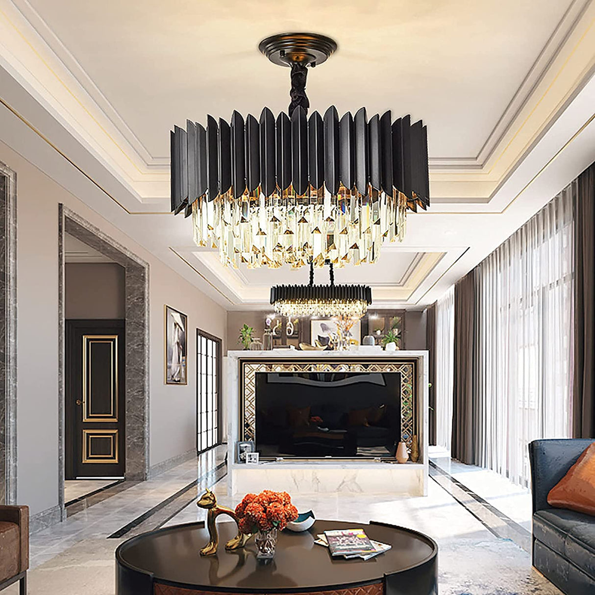 Crystal Chandeliers,Black Round Chandelier Light Fixture,2-Tier Raindrop Ceiling Light
