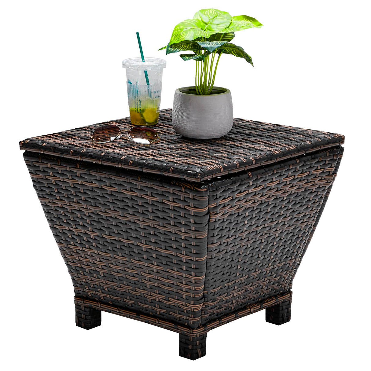 Outdoor Side Table with Storage, 13-Gallon Storage Box Outdoor Wicker Side Table