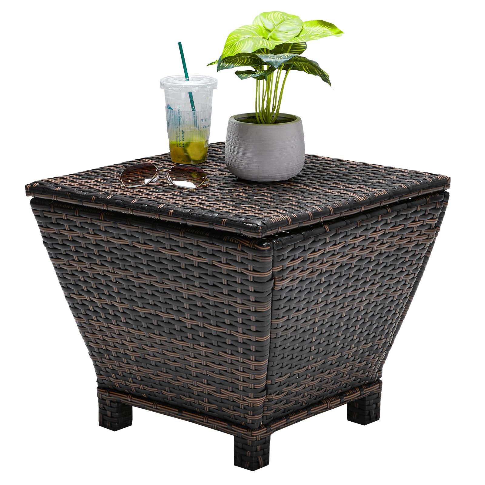 Outdoor Side Table with Storage, 13-Gallon Storage Box Outdoor Wicker Side Table