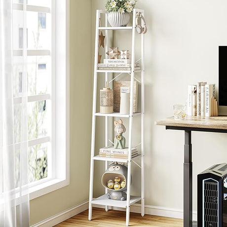 Ladder Shelf, Bookshelf Bookcase, Freestanding Corner Storage Shelve with 2 Hooks for