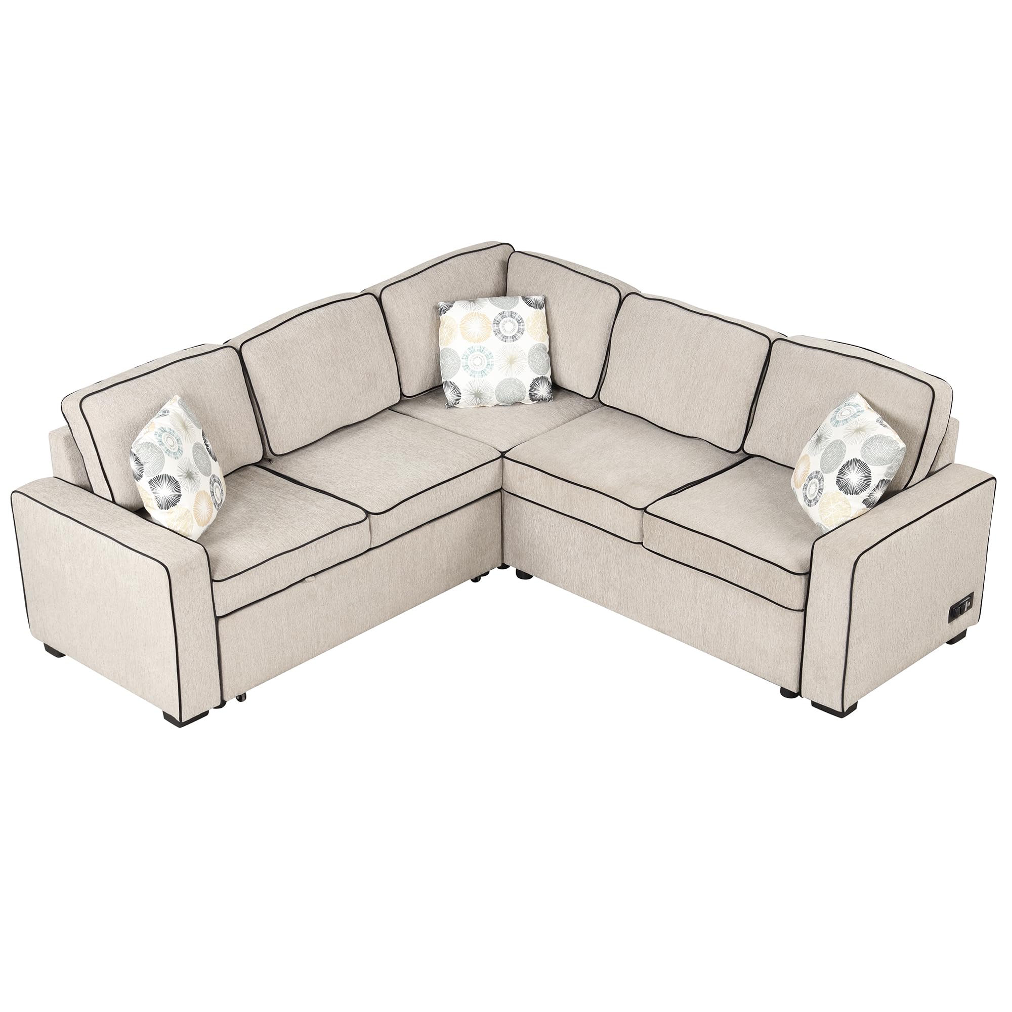 Sectional Sofa Bed L-Shaped, Modern Convertible Corner Sleeper Couch w/2 USB Ports