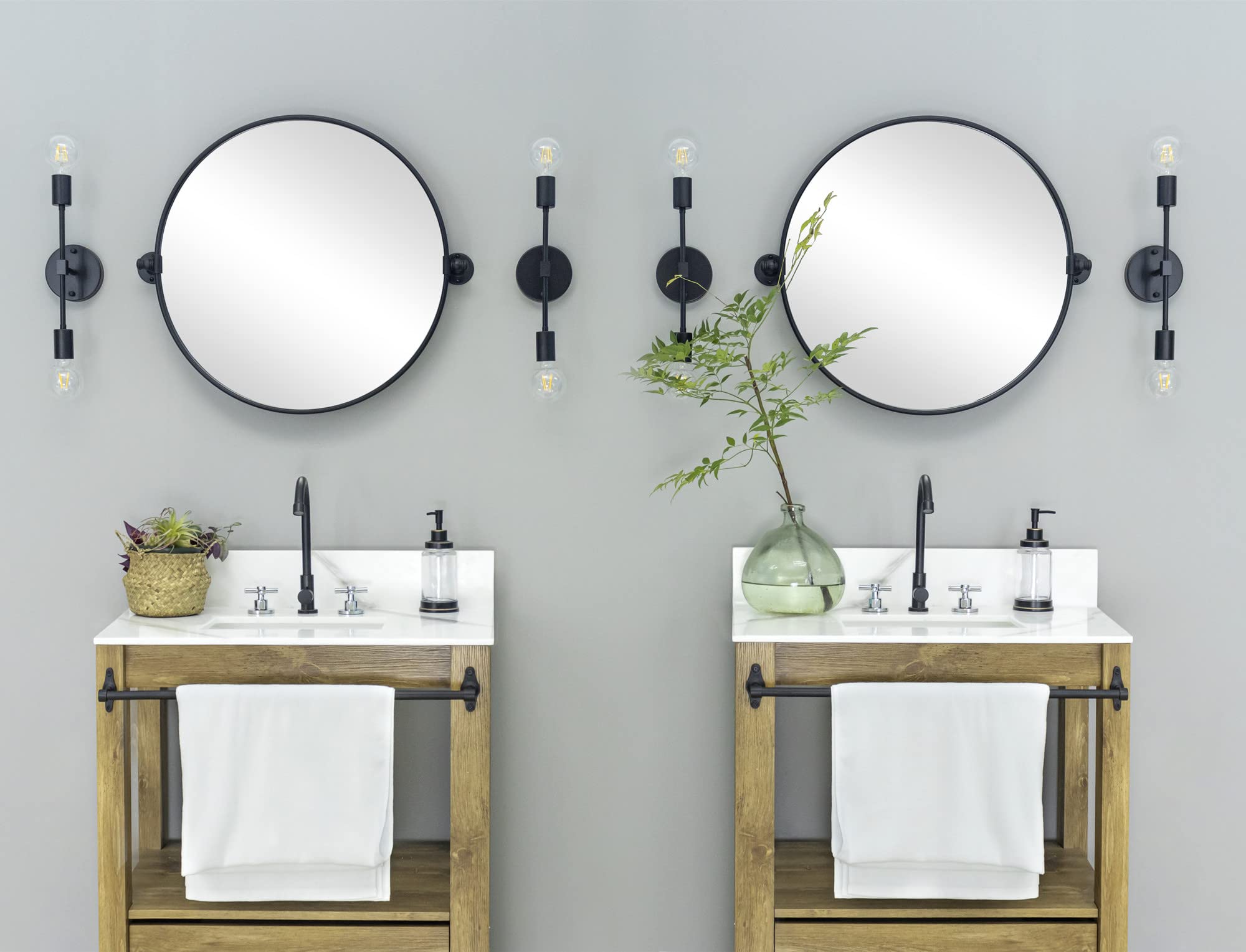 Round Pivot Bathroom Mirror - 24" Black Metal Framed Tilting Wall Mount
