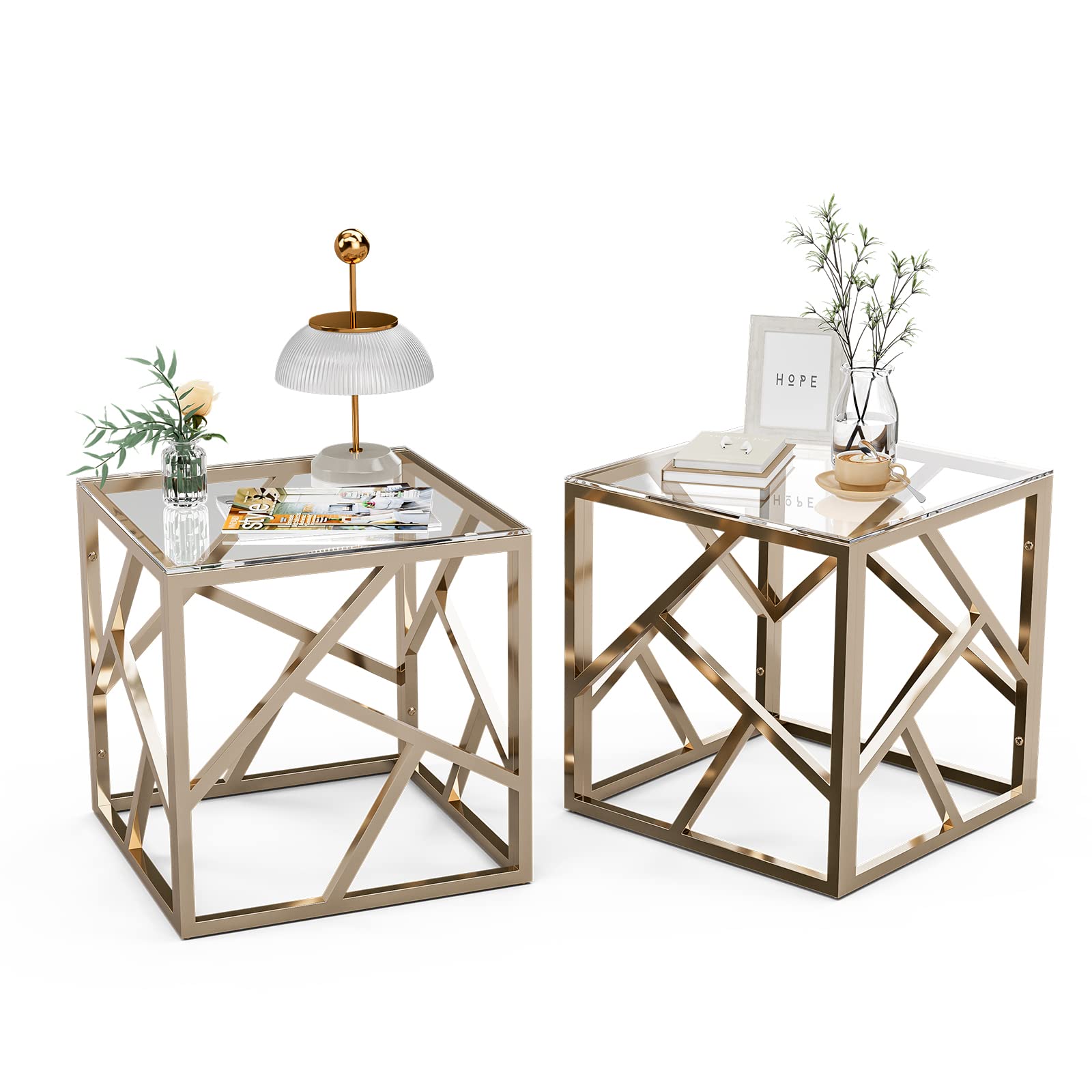 Square Glass End Table with Shelf Stainless Steel Structure, Modern Golden Nightstand