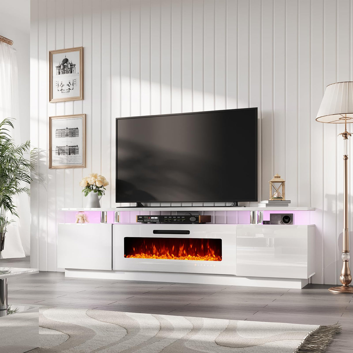 Fireplace TV Stand with 40" Fireplace, 80" Modern High Gloss Fireplace Entertainment