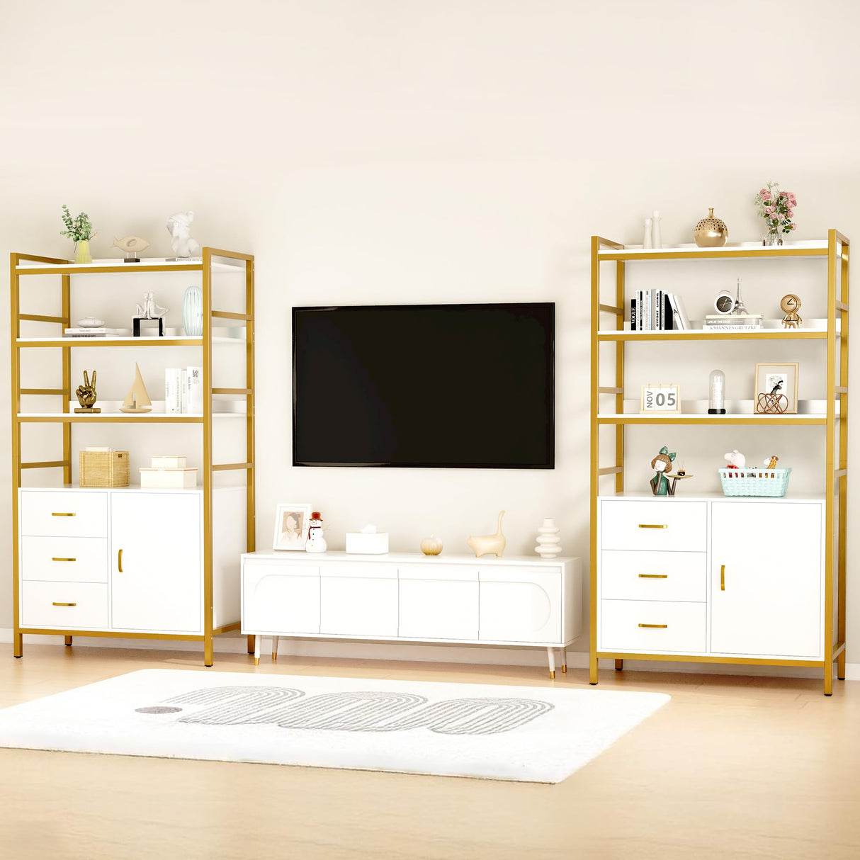 71" Tall Bookshelf with Storage Cabinet, Bookcase with Doors, Inter Adjustable shelf, 3 Wooden Drawers, 4 Tier Open Shelves, Modern Display Rack for Living Room, Kitchen, Home Office, White and Gold