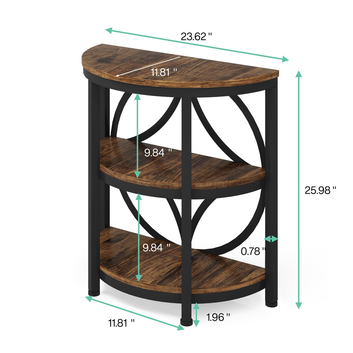 Half Round End Table, 3-Tier Narrow Side Table with Metal Frame, Half Circle Table