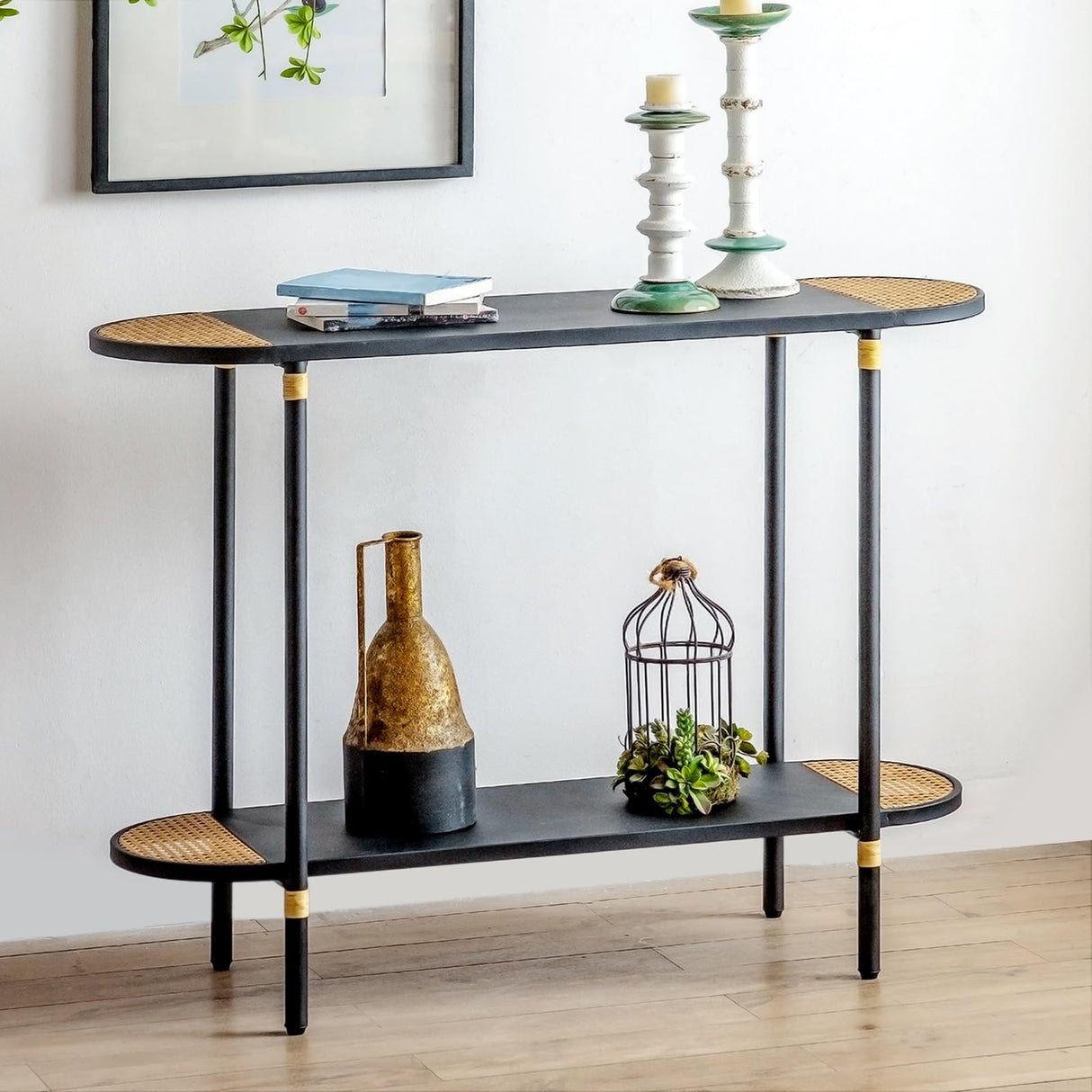 Black Metal Console Table with Rattan Decor, 2-Tier Entryway Table