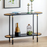 Black Metal Console Table with Rattan Decor, 2-Tier Entryway Table