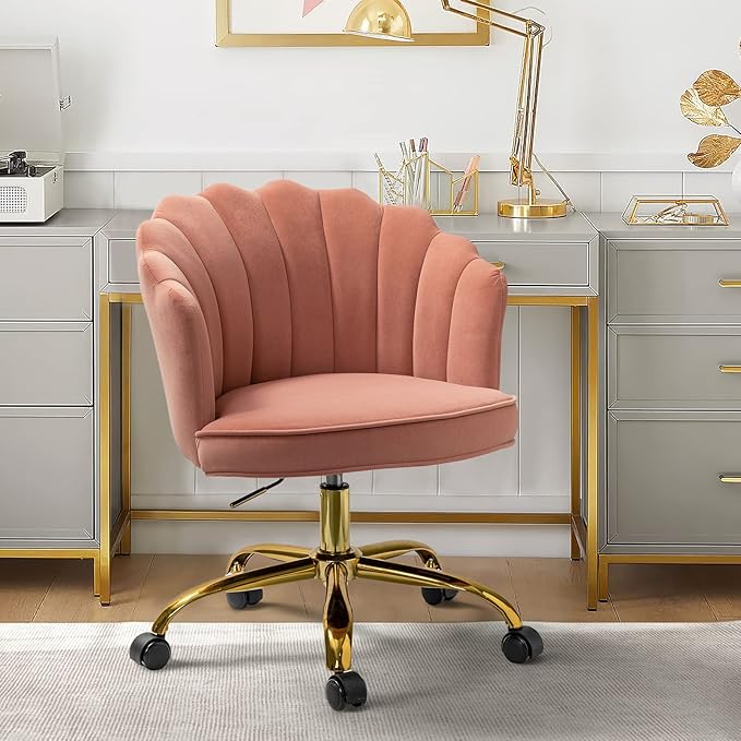 Velvet Home Office Chair with Gold Base, Womans Modern Cute Shell Back Upholstered