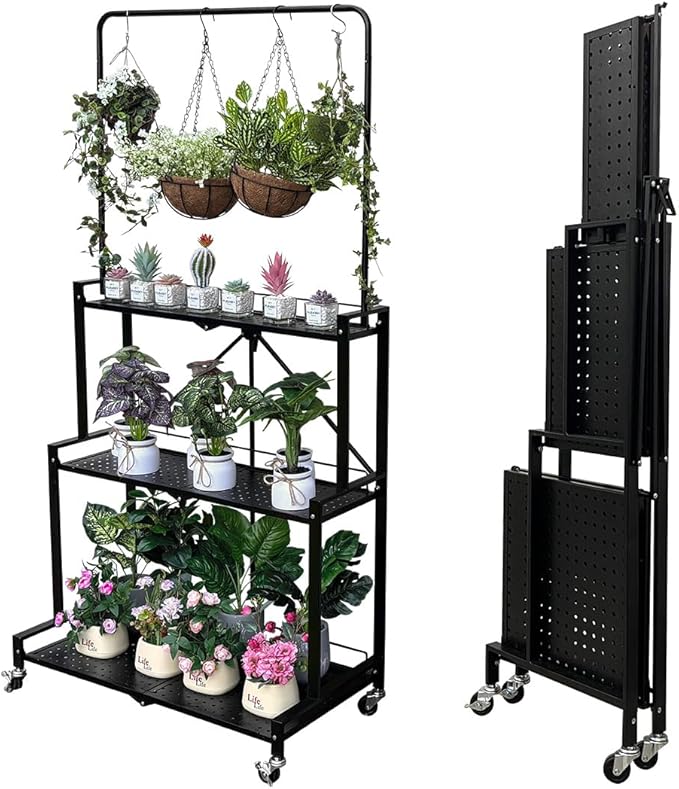 Foldable 4-Tier Plant Stand Indoor Outdoor Hanging Plant Shelf No Assembly Required Pot Placement Area