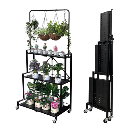 Foldable 4-Tier Plant Stand Indoor Outdoor Hanging Plant Shelf No Assembly Required Pot Placement Area