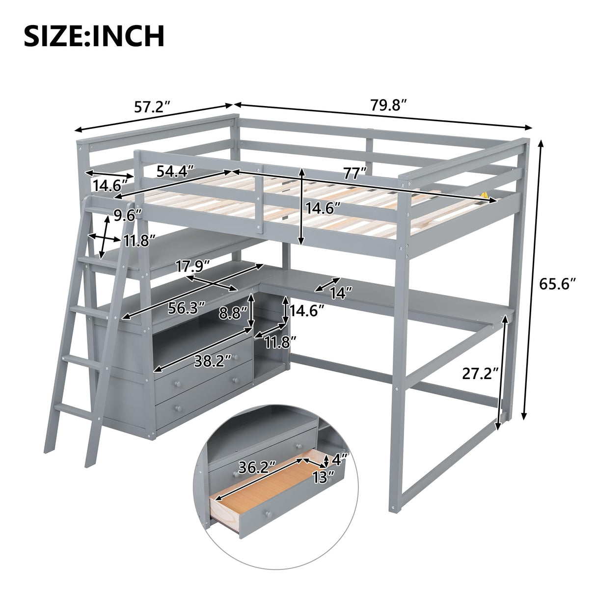 Full Size Loft Bed with Desk and Shelves, Wooden Loft Bed Full with Storage Drawers