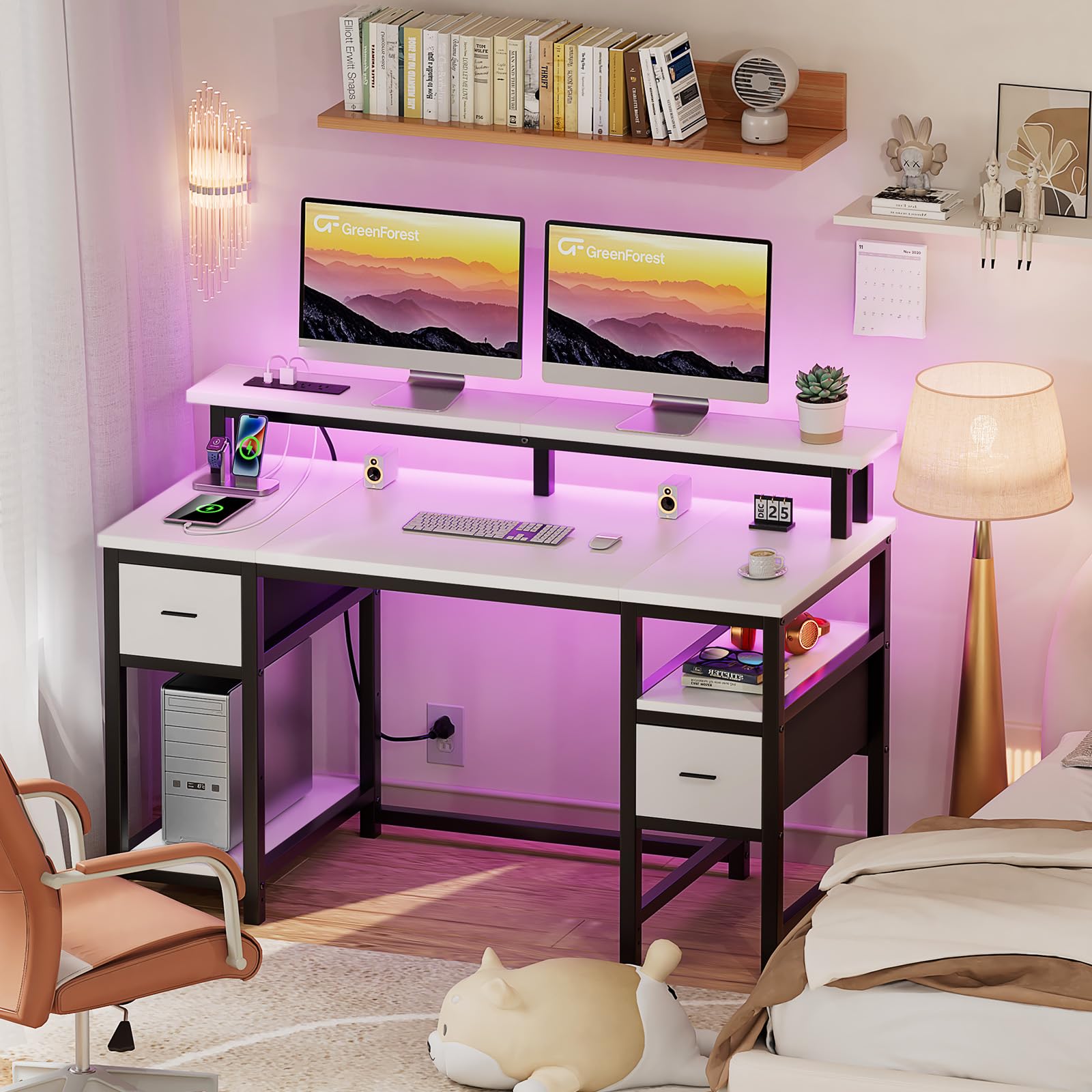 Computer Desk 50 Inch with Monitor Stand and LED Lights, Gaming Desk with 2 Fabric Drawers and Power Outlets