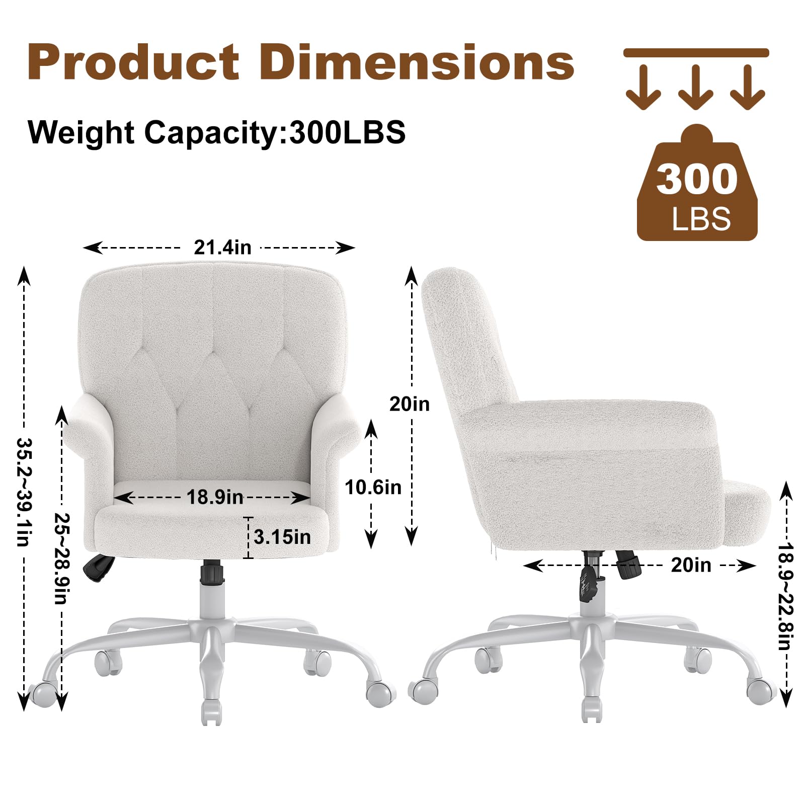 Upholstered Fuzzy Office Chair with Wheels and Arms - White