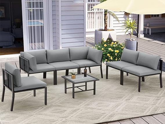 Outdoor Patio Furniture Set, Metal Patio Sectional Conversation Sofa, Black Wrought Iron