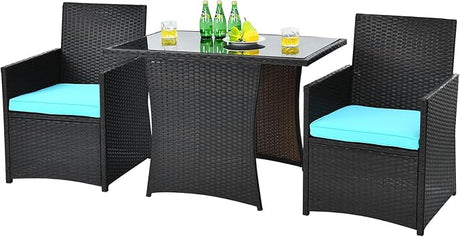 3-Piece Outdoor Wicker Bistro Set PE Rattan Dining Table Set with Cushioned Chairs