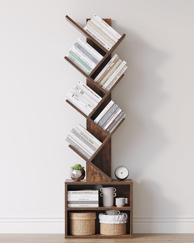 6 Tier Tree Bookshelf, Small Bookcase with Storage Cabinet, Modern Narrow Bookshelves