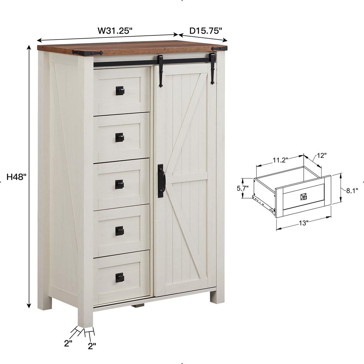 5 Drawers Dresser for Bedroom w Sliding Barn Door